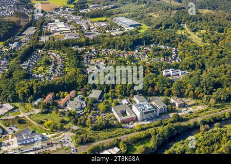 Aus der Vogelperspektive, Kulturzentrum und Franz-Stock-Gymnasium, Berufskolleg Berliner Platz, Franz-Stock Gymnasium Gebäude A im Wald, Rumbecker Holz HO Stockfoto
