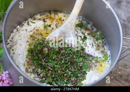 Bannock machen, wird auf offenem Feuer gebacken, gehackte Kräuter werden hinzugefügt, Serienbild 4/5 Stockfoto