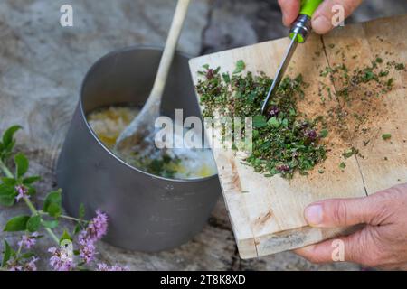 Bannock machen, wird auf offenem Feuer gebacken, gehackte Kräuter werden hinzugefügt, Serienbild 4/5 Stockfoto