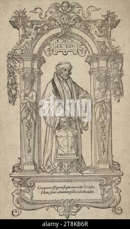 Porträt von Erasmus von Rotterdam in voller Figur, Hans Holbein der ältere. J., Augsburg 1497 oder 1498 - 1543 London, um 1538, Druck, Holzschnitt, Blatt: 28,8 x 17,1 cm Stockfoto