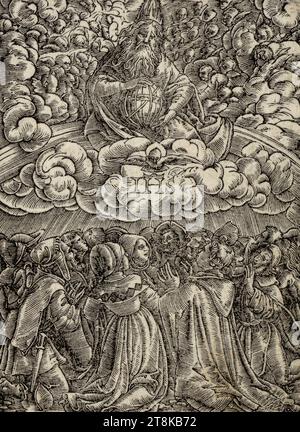 Gott Vater mit einer Kugel auf einem Regenbogen, Männer und Frauen kniend und betend, unser Vater... acht Metallgravuren des Gebets des Herrn, Erasmus von Rotterdam: "Precatio dominica in septem portiones distributa", Hans Holbein der Jüngere, Augsburg 1497 oder 1498 - 1543 London, nach 1524, Druck, Metallschliff, ergänzt mit Stift oder Pinsel rechts, 8,6 x 6,4 cm, Metallschliff nach Hollstein Stockfoto