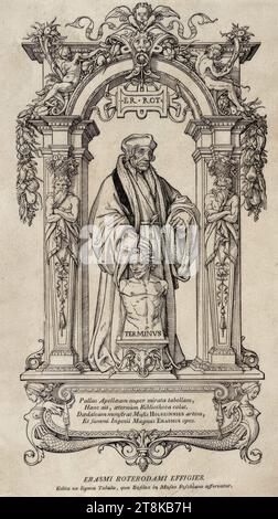 Porträt von Erasmus von Rotterdam in voller Figur, Hans Holbein der ältere. J., Augsburg 1497 oder 1498 - 1543 London, Erstausgabe um 1538, späterer Nachdruck, Druck, Holzschnitt, Blatt: 30,6 x 17,8 cm Stockfoto