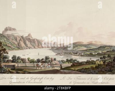 Der Traunsee und der Landkreis Ort bei Gmunden, Blick auf verschiedene Bourgs-Dörfer und Villes de Autriche sup. Et inf., de Stirie, de Carinthie, Ferdinand Runk, Freiburg im Breisgau 1764 - 1834 Wien, um 1810, Druck, Radierung, farbig, Österreich Stockfoto