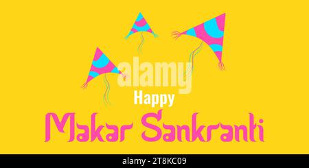 Makara Sankranti sonniger Urlaub in Indien. Farbige Drachen auf gelbem Hintergrund. Konzepturlaub. Poster, Faltblatt, Website-Design Vektor-Illustration. Stock Vektor