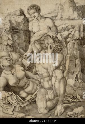 Arbeitsblatt mit drei Figuren, Monogrammist AC, Niederlande, 1. Hälfte des 16. Jahrhunderts, 1554, Druck, Ätzung, Blatt: 19 x 13,7 cm Stockfoto