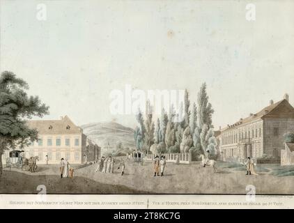 Hietzing bei Schönbrunn mit Blick auf St. Veit, Collection des Vues, Monuments, Kostüme & Other Objects remarquables de Vienne et de SES Environs, Johann Kniep, Wien 1779 - 1809 Wien, um 1820, Druck, Radierung, farbig, Österreich Stockfoto