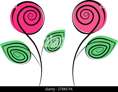 Set aus 2 abstrakten, dekorativen Rosen in trendigen Markierungsfarben. Line Art Konzept für Karten. Vektor für Zeiger, Aufkleber, Symbol oder Poster, Banner, Plakatwand, werbeaktion oder andere unterschiedliche Verwendungszwecke. Isolieren Stock Vektor
