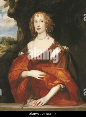 Van Dyck – Porträt von Mary Hill, Lady Killigrow, dreiviertel lang, in einem rosafarbenen Kleid, vor einem Vorsprung mit zwei Pfingstrosen, einer Landschaft dahinter. Stockfoto