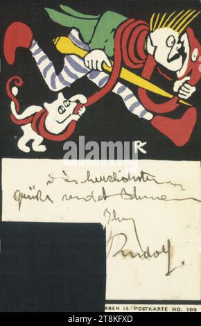 Postkarte Nr. 109 aus der Wiener Werkstätte: Kampf eines Mannes und einer Katze gegen eine Schlange, Rudolf Kalvach, Wien 1883 - 1932 Kosmonosy, Kosmanos, Druck, Farblithographie, Blatt: 140 mm x 90 mm, rechts. '...ABEN 15. POSTKARTE NR. 109', gedruckt, Österreich Stockfoto