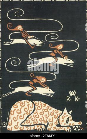 Postkarte Nr. 49 aus der Wiener Werkstätte: Auf Mäusen reitende Gnome neben einer Katze, Rudolf Kalvach, Wien 1883 - 1932 Kosmonosy, Kosmanos, Druck, Farblithographie, Blatt: 140 mm x 90 mm, rechts. "WW", in der Presse, Österreich Stockfoto