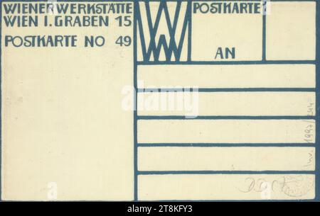 Postkarte Nr. 49 aus der Wiener Werkstätte: Auf Mäusen reitende Gnome neben einer Katze, Rudolf Kalvach, Wien 1883 - 1932 Kosmonosy, Kosmanos, Druck, Farblithographie, Blatt: 140 mm x 90 mm, im Druck, Österreich Stockfoto