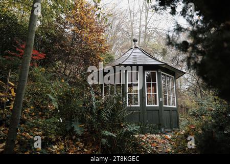 Alte dunkelgrüne Pavillon im Herbstgarten. Kleiner hölzerner Gartenunterstand, Hütte mit nassem Dach. Wunderschöner stimmungsvoller, nebeliger Outddor Park, Landschaft. Regnerischer Tag Stockfoto