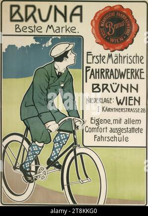 BRUNA; Beste Marke; erste mährische Fahrradfabrik BRÜNN; NIEDERLAGE: WIEN; I KÄRNTNERSTRASSE 28, Anonym, um 1900, Druck, Farblithographie, Blatt: 1085 mm x 790 mm, Österreich Stockfoto