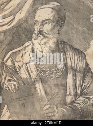 Selbstporträt Tizians, Tiziano Vecellio, genannt Tizian, Pieve di Cadore um 1488 - 1576 Venedig, 1550, Druck, Holzschnitt, Platte: 41,5 x 32,2 cm Stockfoto
