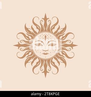 Genießen Sie Bohemian Vibes mit unserem Vektor-Sonnendesign. Dieses aufwendig gefertigte Symbol für Wärme und freien Geist verleiht Ihren Kreationen einen Hauch von Laune Stock Vektor