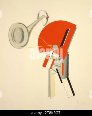 Sprecher, Blatt 2 aus: Das plastische Design der elektromechanischen Show - Sieg über die Sonne von Aleksei Krutschonych, das plastische Design der elektromechanischen Show - Sieg über die Sonne, El Lissitzky, Potschinok 1890 - 1941 Moskau, 1923, Druck, Lithografie, Blatt: 53,4 x 45,6 cm, r.r. gedruckt: '2 Stockfoto