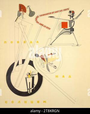 Teil der Ausstellungsmaschine, Titelseite aus: Das plastische Design der elektromechanischen Ausstellung - Sieg über die Sonne von Aleksei Krutschonych, das plastische Design der elektromechanischen Ausstellung - Sieg über die Sonne, El Lissitzky, Potschinok 1890 - 1941 Moskau, 1923, Druck, Farblithographie, Blatt: 53,3 x 45,6 cm, gelbe Inschrift in der Mitte, Russisch: Pobeda nad solnzem, Sieg über die Sonne, M.O. in rot: 'alles ist bien, was GUT natschinaetsja, Russisch: 'beginnt', et has no finita Stockfoto