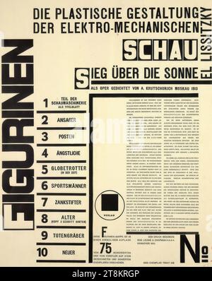 Figuren - Impressum aus: Das plastische Design der elektromechanischen Show - Sieg über die Sonne von Aleksei Krutschonych, das plastische Design der elektromechanischen Show - Sieg über die Sonne, El Lissitzky, Potschinok 1890 - 1941 Moskau, 1923, Druck, Lithographie, Farbstift in Rot, Blatt, 53,3 - 53,4 x 45,5, 53,4 x 45,5 cm, rechts. Farbstift „22“ in Rot Stockfoto