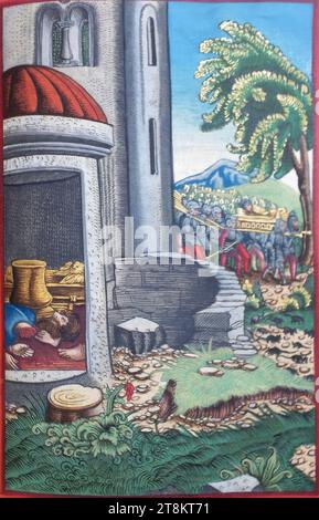 Altes Testament, Lutherbibel, die Bundeslade im Tempel des Dagon, 1 Samuel 5, 1-4, Georg Lemberger, Landshut um 1490/1500 - um 1540 Leipzig, 1524, Druck, Holzschnitt, farbig, Blatt: ca. 17,5 x 11,5 cm, auf Beiblatt 1 verso: 'g. L. Gottfried Leigel', siehe unter 'historische Zuschreibungen' Stockfoto