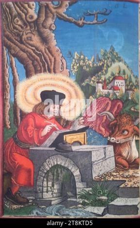 Neues Testament, Lutherbibel, evangelistisches Bild: Lukas, Georg Lemberger, Landshut um 1490/1500 - um 1540 Leipzig, 1524, Druck, Holzschnitt, farbig, Blatt: je 17,5 x 11,5 cm Stockfoto