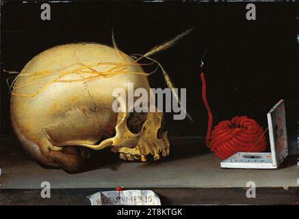 Vanitas Stillleben mit Schädel, Wax Jack und Pocket Sundial. Stockfoto