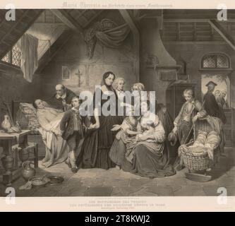 Maria Theresia auf dem Sterbebett eines armen Vaters, Eduard Friedrich Leybold, Stuttgart 1798 - 1879 Untermeidling, Wien, 1861, Druck, Lithographie, Blatt: 61,9 x 89,1 cm, Österreich Stockfoto