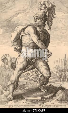 Titus Manlius Torquatus, die römischen Helden, Hendrick Goltzius, um 1586, Druck, Kupferstich Stockfoto