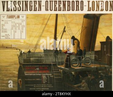 VLISSINGEN-QUEENBORO-LONDON; ZEITPLAN Sommer 1896, Johan Braakensiek, Amsterdam 1858 - 1940 Amsterdam, 1896, Druck, Farblithographie, Blatt: 805 mm x 990 mm Stockfoto