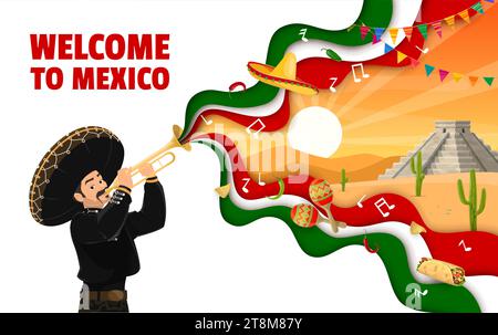 Willkommen in Mexiko, Papier geschnittenes Banner mit Mariachi-Musiker-Charakter, mexikanischer Wüste und Pyramide. Papier geschnittener Vektor Hintergrund oder Banner mit Musiker spielt auf Trompete, Inka Pyramide, Tex Mex Essen Stock Vektor