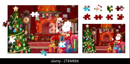Puzzle Puzzle Spiel Stücke, Weihnachten Santa in Stuhl in der Nähe von Feiertagskamin und dekorierte Kiefer im Vektor. Puzzle für Kinder passend zum Weihnachtsbaum und Kamin mit Socken Stock Vektor