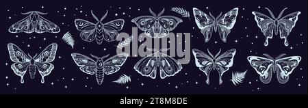 Himmlische Magie mystische Motte. Esoterisches Tattoo oder Symbol mit Schmetterlingssilhouette. Mystischer Schmetterling, magischer Nachtinsekt oder Fantasy Mondmotte Gravur Vektordruck oder Hintergrund mit Farnblättern und Sternen Stock Vektor