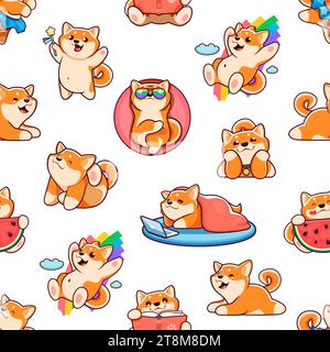 Cartoon Kawaii Shiba Inu Hundefiguren nahtloses Muster. Stoffdruck, Tapetenvektor nahtloser Hintergrund mit lustigen Shiba Inu Welpen Persönlichkeit Lesebuch, essen Wassermelone, gleiten auf Regenbogen Stock Vektor