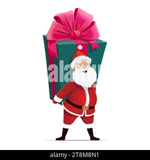 Cartoon Weihnachtsmann mit großer Geschenkbox. Weihnachtsgruß, frohe Weihnachten festliche oder glückliche Neujahrsfeiertage isolierter Vektor glückliche Persönlichkeit. Winterfeier Weihnachtsmann fröhliches Maskottchen Stock Vektor