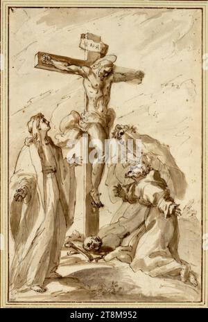 Christus am Kreuz mit Maria, dem heiligen Franziskus und der heiligen Katharina von Siena, anonym, 2. Hälfte des 17. Jahrhunderts, Zeichnung, Kreide; Feder; gewaschen, 29,1 x 19,1 cm, l.l., Herzog Albrecht von Sachsen-Teschen, alte Kreidenummer '130°' unten links Stockfoto