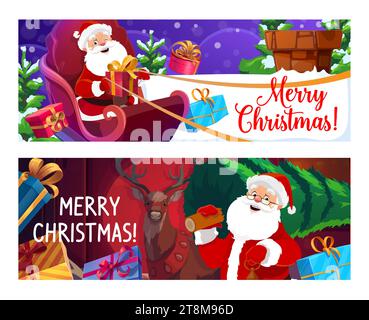 Weihnachtsbanner mit Weihnachtsmann auf Schlitten, Geschenken und Rentieren. Frohe Weihnachtsfeier, Wintersaison oder Neujahrsfeier Vektor horizontale Banner mit glücklichem Weihnachtsmann Reitschlitten und Weihnachtsgeschenken Stock Vektor