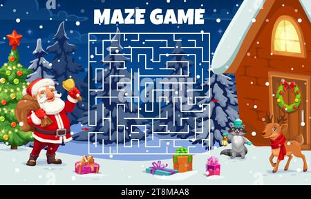 Weihnachtliches Labyrinth. Kinder-Vektor-Arbeitsblatt, Brettspiel helfen dem Weihnachtsmann, den richtigen Weg zum Haus zu finden. Brettspiel mit Cartoon Noel, Kiefer, Hirsch und verworrenem Pfad. Pädagogisches Kinderrätsel Stock Vektor