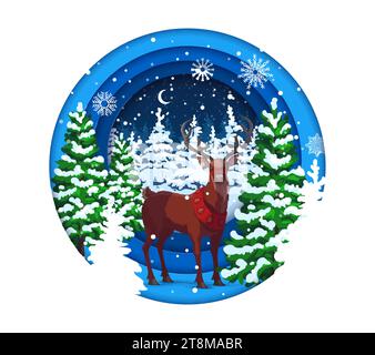 Weihnachtspapier Schnitt Cartoonhirsche im Winterwald. Vektor-Grußkarte mit Rentier in der Nacht schneebedecktes Holz im papercut trendigen Handwerksstil. Neujahr Doppelexposition 3D-Effekt, runder Rahmen oder Rand Stock Vektor