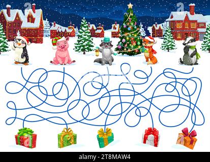 Das Labyrinth in Weihnachten hilft lustigen Tieren, Geschenke zu finden. Kinder-Vektor-Brettspiel-Arbeitsblatt mit Cartoon Dachs, Schwein, Fuchs, Waschbär und Pinguin auf der Suche nach den richtigen Weg zu Geschenken in der verschneiten Winterstadt Stock Vektor