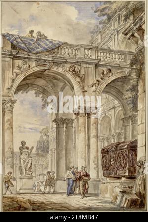 Säulenhof eines Palastes mit der Statue eines sitzenden Apollo, Giovanni Paolo Pannini (Piacenza 1691 - 1765 Rom), Zeichnung, Stift und Aquarell, 35,2 x 23,8 cm, l. l. l. Herzog Albert von Sachsen-Teschen, unten rechts in Stift 'Panini Stockfoto