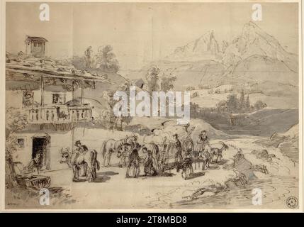 Entwurf für ein Landschaftsgemälde: Links eine Almhütte, im Hintergrund Berge, vorne eine Gruppe um eine Pferdekutsche, Franz Reinhold (Wien 1816 - 1893 Wien), Zeichnung, Stift in Braun, Grau, Bleistift, Transfergitter, nach Cahier: 29,5 x 42 cm, r.b. 'Collection, B., Moser', l.u. '29747 Stockfoto