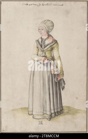 Frau aus Nürnberg in Hauskleid, Albrecht Dürer (Nürnberg 1471 - 1528 Nürnberg), 1500, Zeichnung, schwarz-grauer Stift, Aquarell, 32 x 21 cm, l.l., Herzog Albert von Sachsen-Teschen, M.O. 'Also Sie in Hewsern Nörmerck bekommen Stockfoto