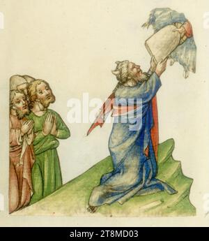 Moses empfängt die Gesetztafeln, historische Bibel, Anonym, 1420 - 1430, Zeichnung, farbige Stiftzeichnung Stockfoto