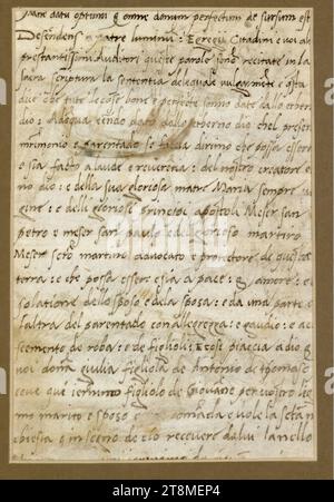 Fragment eines Ehevertrages zwischen Donna Giulia, figliola de Antonio di Tomaso, und Ieronimo, figliolo di Giovane, anonym, Lombarde (Anfang 16. Jahrhundert), Anfang 16. Jahrhundert, Zeichnung, Stift; an der Spitze bis zur Basis der Petri-Brust zugeschnitten, 14,2 x 19,6 cm, kein Fries SZ; keine Sammlermarke Herzog Albrecht von Sachsen-Teschen, auf der Rückseite 21 Zeilen eines Gebets in lateinischer und italienischer Sprache (Cahier in R.II.G. an anderen Orten) Stockfoto