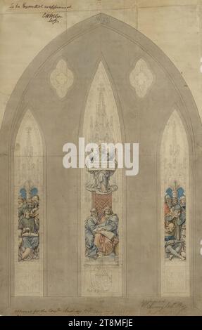 Buntglasfenster für die Kathedrale von Glasgow: Matt. 5,6: Gesegnet sind die Hungrigen, Alexander Straehuber (Mondsee 1814 - 1882 München), um 1859, Zeichnung, Aquarell, Stift und schwarze Tinte, über Bleistift, 523 x 339 mm, Rotulus im mittleren Fenster: „Gesegnet sind die Hungrigen und Durst nach Gerechtigkeit, denn sie sollen gefüllt werden. Mathematik 5,6." (Pen in schwarzgrau); Mo „No 29“. (Leitung); mu 'Earl of Glasgow. Das Wappen erhält einen höheren Raum. Stockfoto