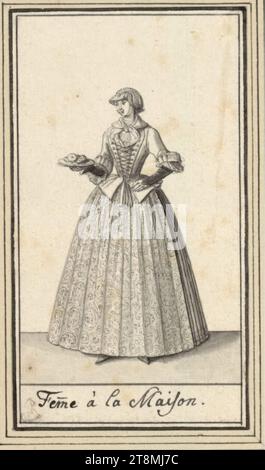 Mode der Stadt Augsburg (36 Kostümbögen): Femme à la maison, Mode der Stadt Augsburg. 36 Kostümbögen, Katharina Sperling (Augsburg 1699 - 1741 Augsburg), Zeichnung, Stift in grau, gewaschen, 11,5 x 6,5 cm, l. und Herzog Albert von Sachsen-Teschen, und Femme à la maison Stockfoto