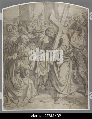 Veronica überreicht Jesus den Schleier (Pappe für die sechste Station der Stationen des Kreuzes Fresken in der Pfarrkirche St. Johann Nepomuk, Wien II), Serie von 14 Vorzeichnungen für die Stationen der Kreuzfresken in der Pfarrkirche St. Johann Nepomuk (Praterstraße, 1020 Wien), Josef von Führich (Kratzau 1800 - 1876 Wien), 1843/44, Zeichnung, Kohle und Schwarzkreide, teilweise ausgiebig gewaschen und schraffiert; graublaues Papier, oben abgerundet, mehrmals zusammengesetzt (ca. 16–25 Einzelblätter) Stockfoto