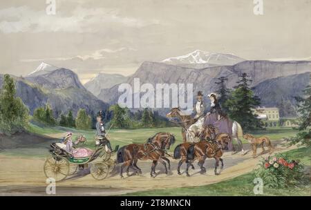 Kaiser Franz Joseph und Kaiserin Elisabeth zu Pferd von rechts; links in einer vierpferdigen Pomir-Kutsche Kronprinz Rudolf und Herzogin Gisela; im Hintergrund das Tal von Reichenau mit dem Schneeberg, Alexander (Ritter) von Bensa d. J. (Wien 1820 - 1902 Wien), Zeichnung, Aquarell, mit weiß erhöht, 35,4 x 56,4 cm Stockfoto