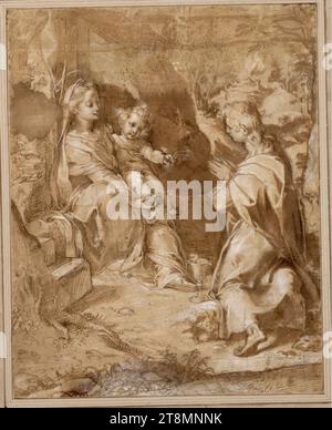 Johannes der Evangelist kniet links vor der Madonna und dem Kind in einer Landschaft, anonym, zeichnend, Stift; gewaschen; weiß erhöht; quadratisch mit Sanguine; bräunliches Papier, 35 x 27,7 cm, l.l., Herzog Albert von Sachsen-Teschen Stockfoto