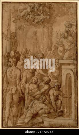Der Leichnam eines jungen Märtyrers ist in einer Krypta (Zuschauer überall; über dem Engel mit der Krone des Märtyrers; dahinter ein Tempietto, in dessen Mitte eine männliche Statue steht; im Hintergrund rechts ein Palast und ein Obelisk), Michele Alberti (Italien, geboren um 1548), Zeichnung, Kreide; Feder; gewaschen, 42,3 x 25,5 cm, l.l., Herzog Albert von Sachsen-Teschen Stockfoto