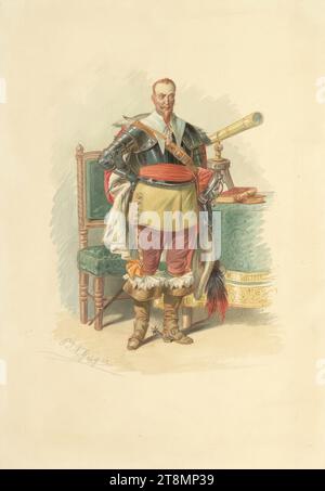 Wallenstein (Albrecht Wenzel Eusebius von Waldstein) mit Johannes Keplers Teleskop, Johann Peter Nepomuk Geiger (Wien 1805 - 1880 Wien), 1849-1856, Zeichnung, Aquarell, 31,1 x 21,8 cm Stockfoto